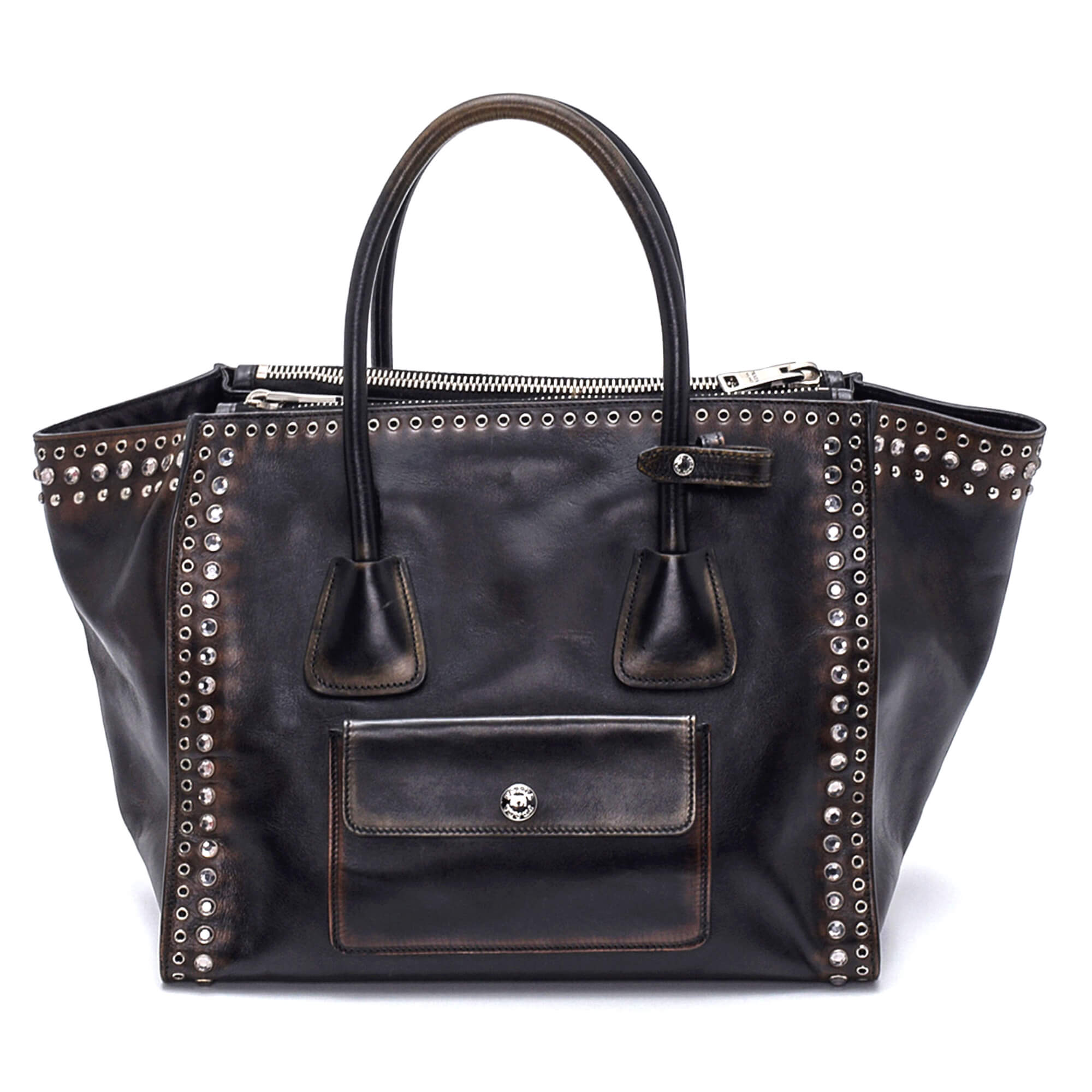 Prada - Dark Brown Leather / Crystal Studded Trapeze Bag 